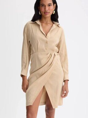 Maje Rilinen Wrap Mini Dress in Beige Tan Long Sleeve Cream Khaki Brown 4 Small